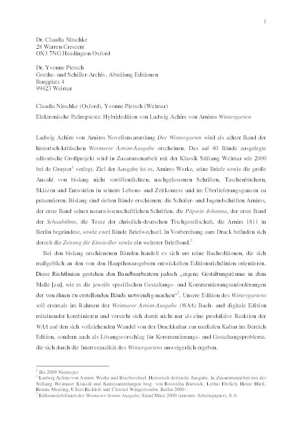 Elektronische Palimpseste: Die Hybridedition von Ludwig Achim von Arnims 'Wintergarten' Thumbnail