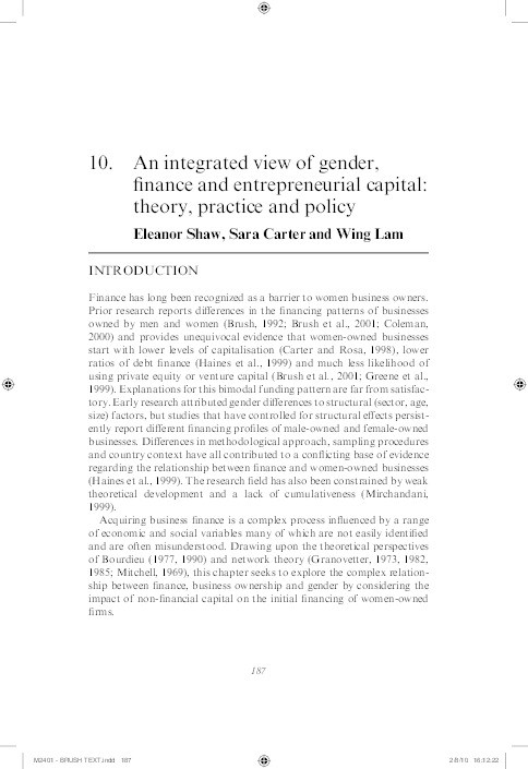 An integrated View of Gender, Finance and Entrepreneurial Capital: Theory, Practice and Policy Thumbnail