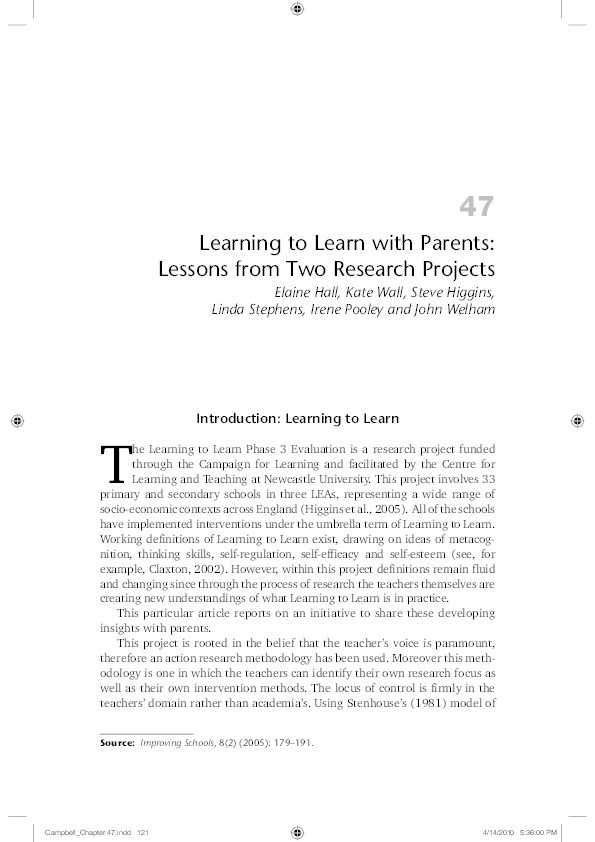 Learning to Learn with Parents: lessons from two research projects Thumbnail