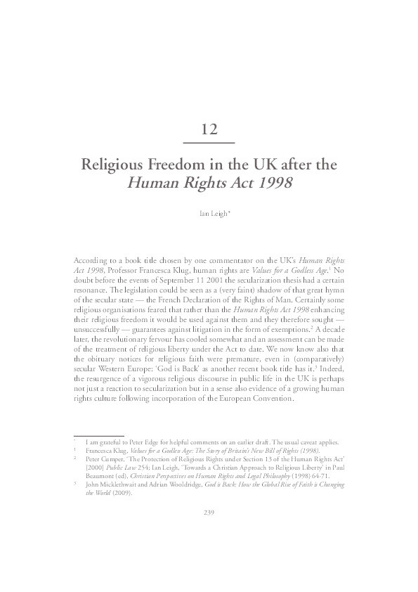 Religious Freedom in the UK After the Human Rights Act 1998 Thumbnail