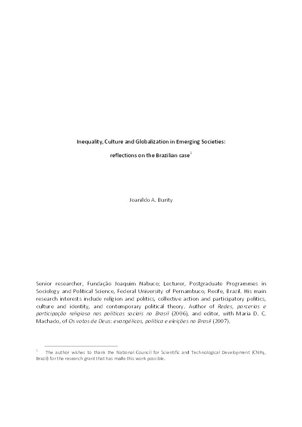 'Inequality, Culture and Globalization in Emerging Societies: Reflections on the Brazilian Case' Thumbnail