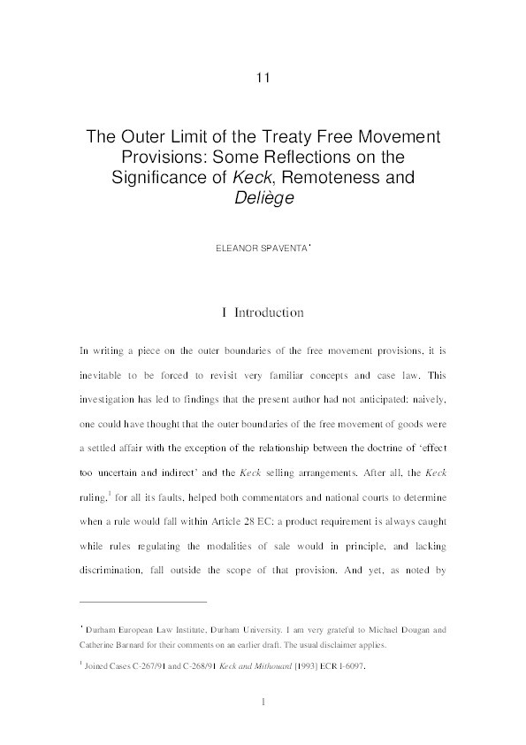 The outer limit of the Treaty Free Movement Provisions: some reflections on the significance of Keck, remoteness and Deliège Thumbnail
