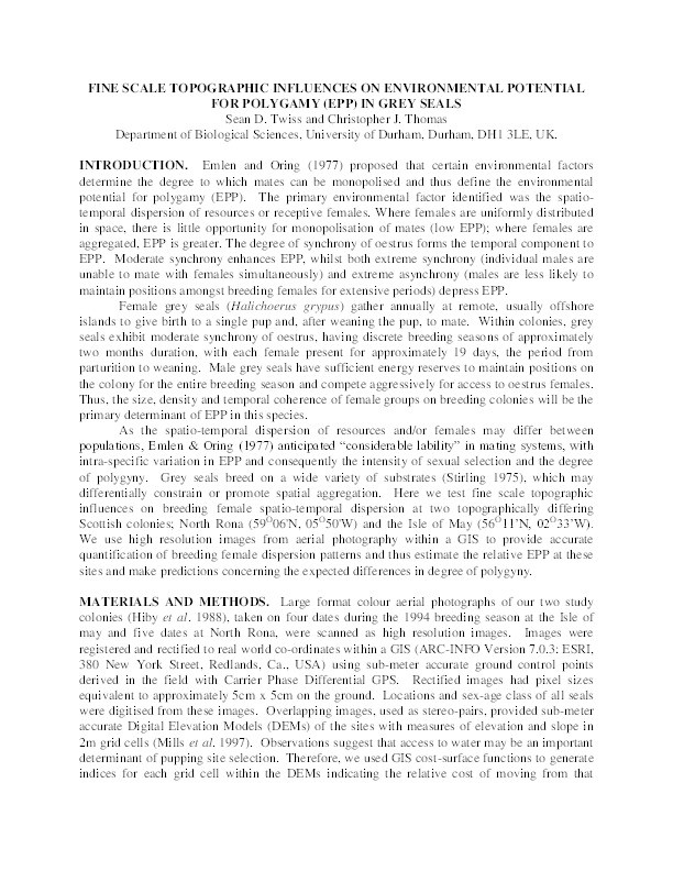 Fine scale topographical influences on Environmental Potential for Polygamy (EPP) and male reproductive success in grey seals Thumbnail