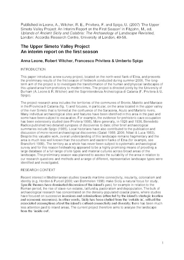 The Upper Simeto Valley Project: An Interim Report on the First Season Thumbnail