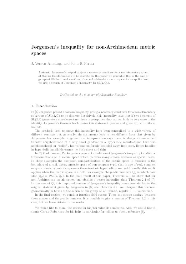Jorgensen's inequality for non-Archimedean metric spaces Thumbnail