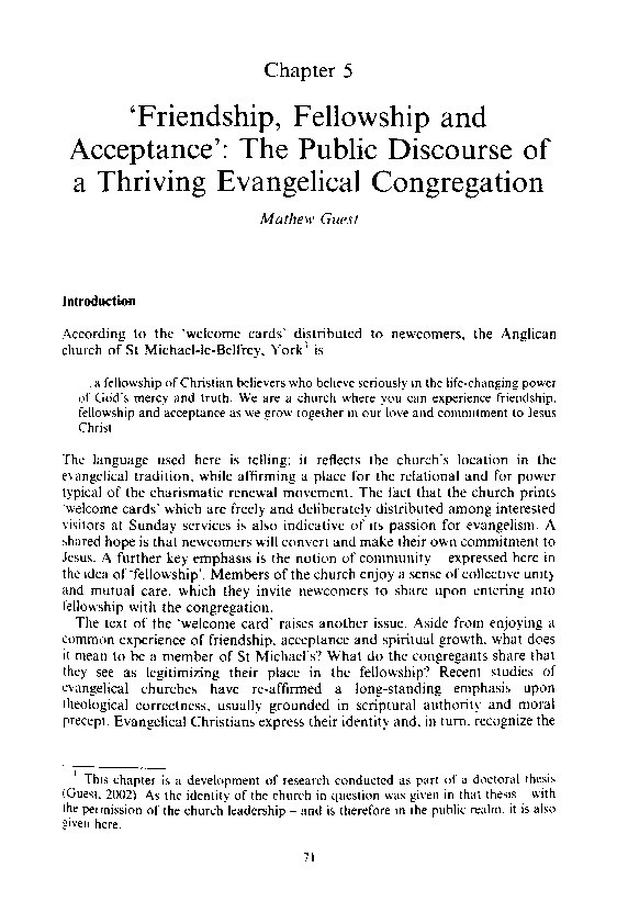 ‘Friendship, Fellowship and Acceptance’: The Public Discourse of a Thriving Evangelical Congregation Thumbnail
