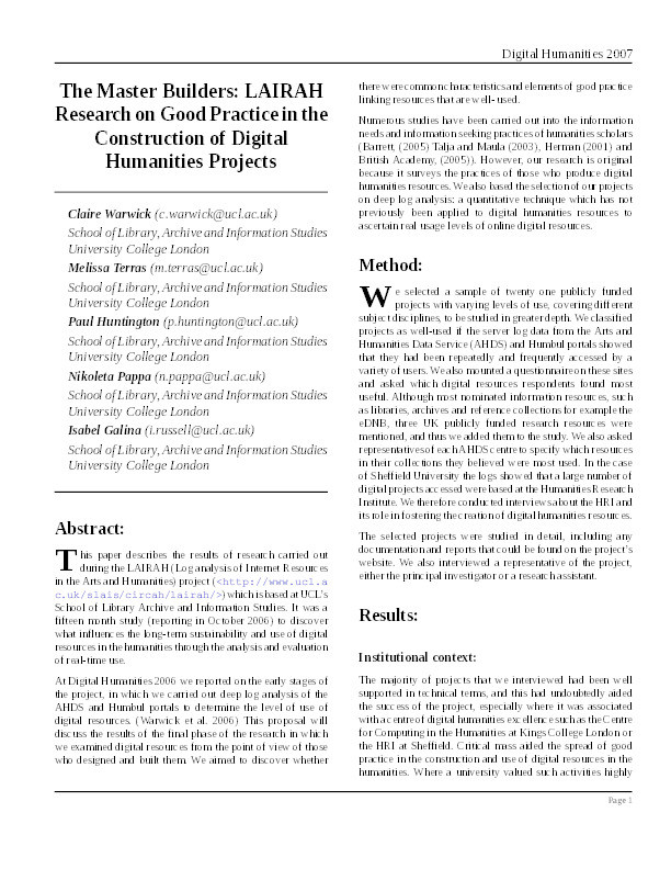 The Master Builders: LAIRAH Research on Good Practice in the Construction of Digital Humanities Projects Thumbnail