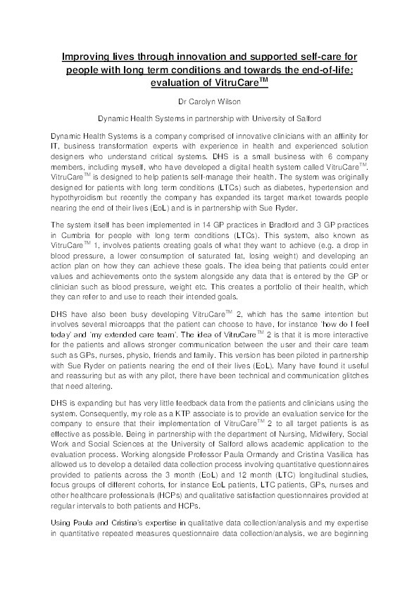 Improving lives through innovation and supported self-care for people with long term conditions and towards end-of-life: evaluation of VitruCare Thumbnail