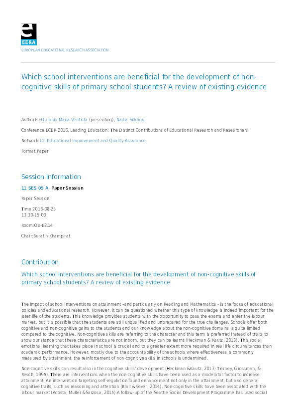 Which school interventions are beneficial for the development of non-cognitive skills of primary school students? A review of existing evidence Thumbnail