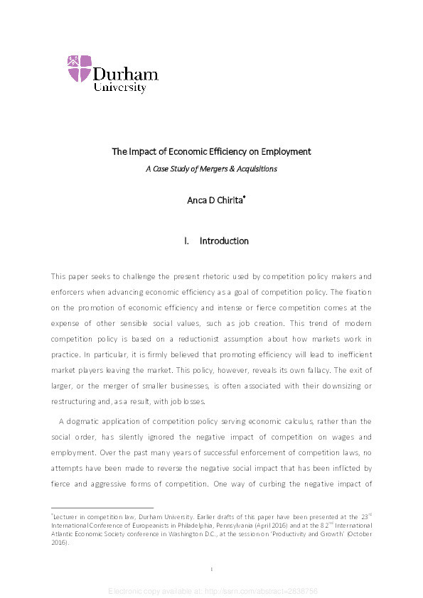 Impact of Economic Efficiency on Employment: A Case Study of Mergers and Acquisitions Thumbnail