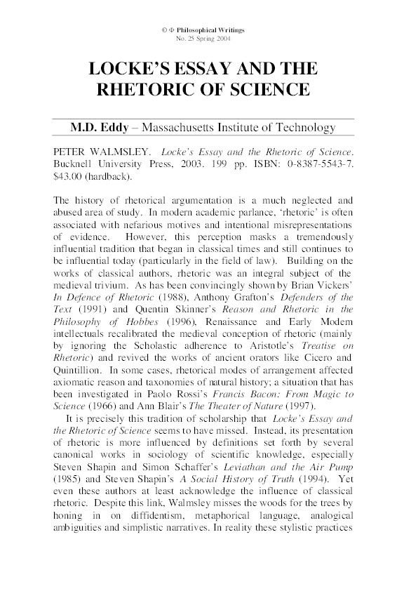Peter Walmsley : Locke’s essay and the rhetoric of science Thumbnail