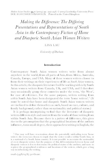 Making the difference : the differing presentations and representations of South Asia in the contemporary fiction of home and diasporic South Asian women writers Thumbnail
