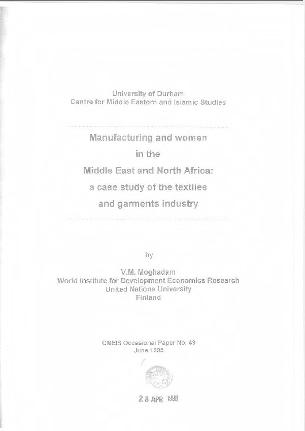 Manufacturing and women in the Middle East and North Africa : a case study of the textiles and garments industry Thumbnail
