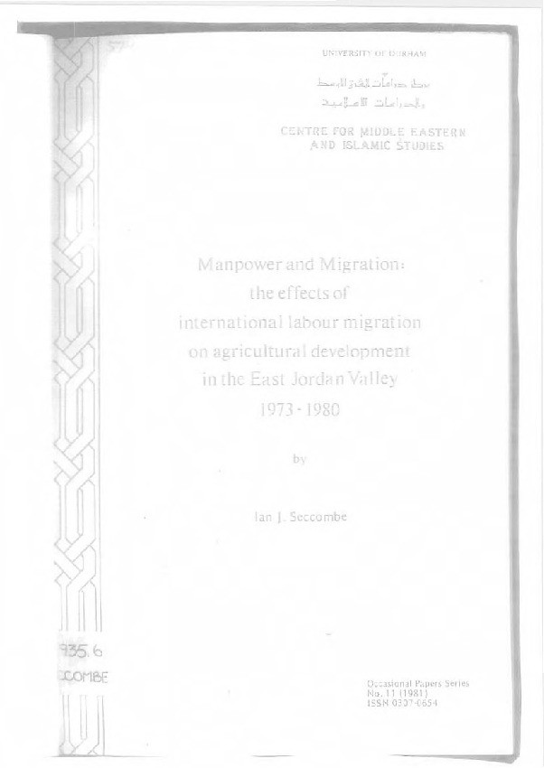Manpower and migration : the effects of international labour migration on agricultural development in the East Jordan Valley 1973-1980 Thumbnail