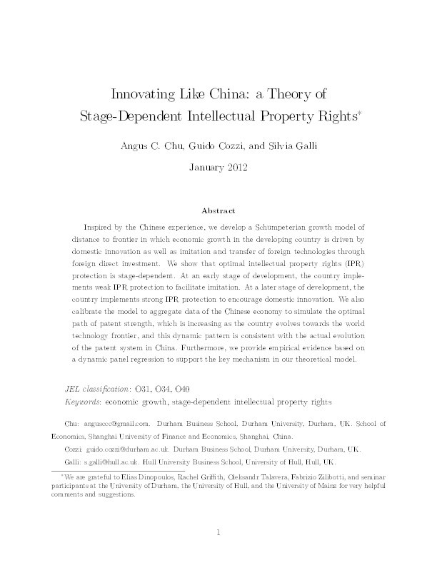 Innovating like China : a theory of stage-dependent intellectual property rights Thumbnail