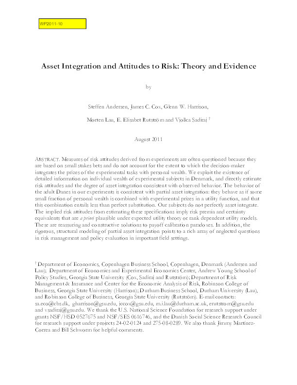 Asset integration and attitudes to risk : theory and evidence Thumbnail
