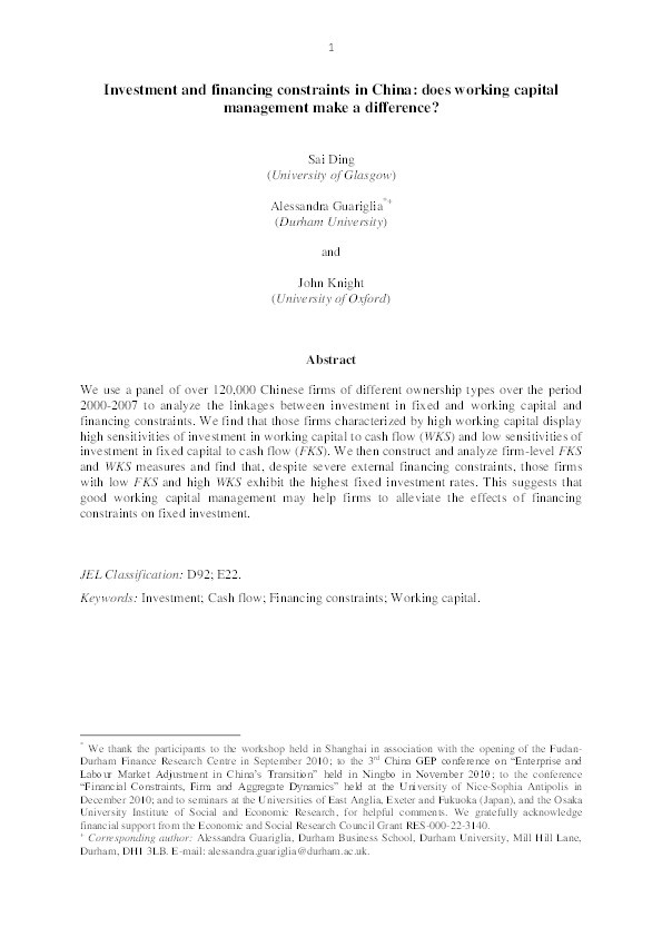 Investment and financing constraints in China : does working capital management make a difference ? Thumbnail