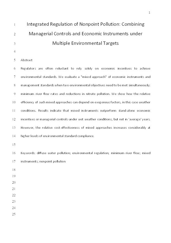 Integrated regulation of nonpoint pollution : combining managerial controls and economic instruments under multiple environmental targets Thumbnail