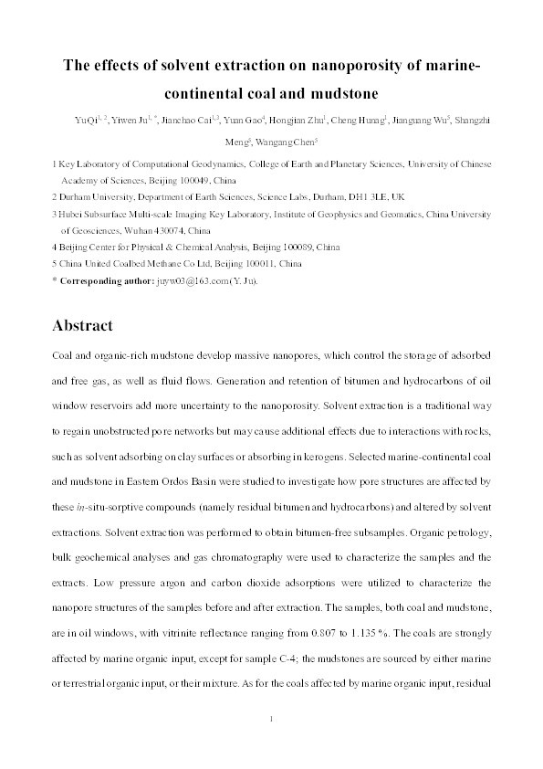 The effects of solvent extraction on nanoporosity of marine-continental coal and mudstone Thumbnail