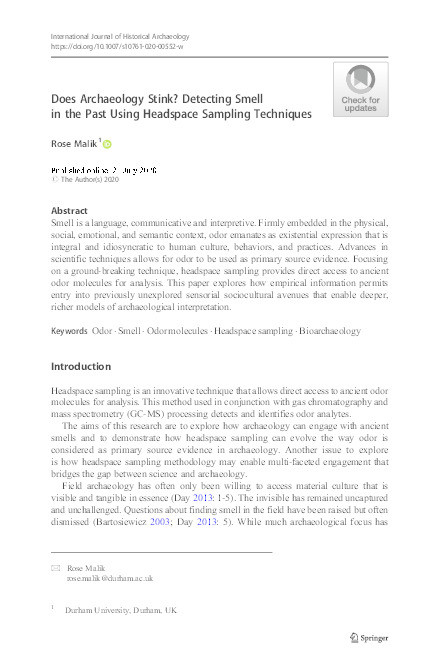 Does archaeology stink? detecting smell in the past using headspace sampling techniques Thumbnail