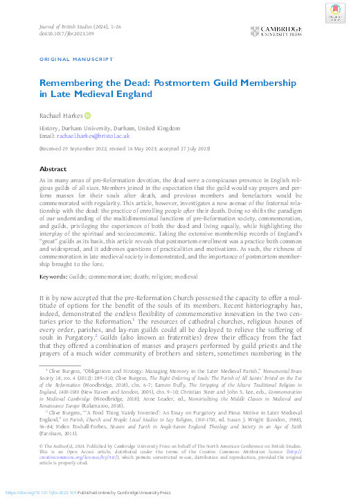 Remembering the Dead: Postmortem Guild Membership in Late Medieval England Thumbnail