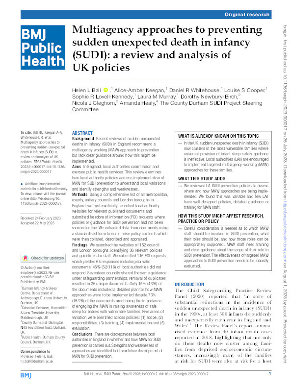 Multiagency approaches to preventing sudden unexpected death in infancy (SUDI): a review and analysis of UK policies Thumbnail
