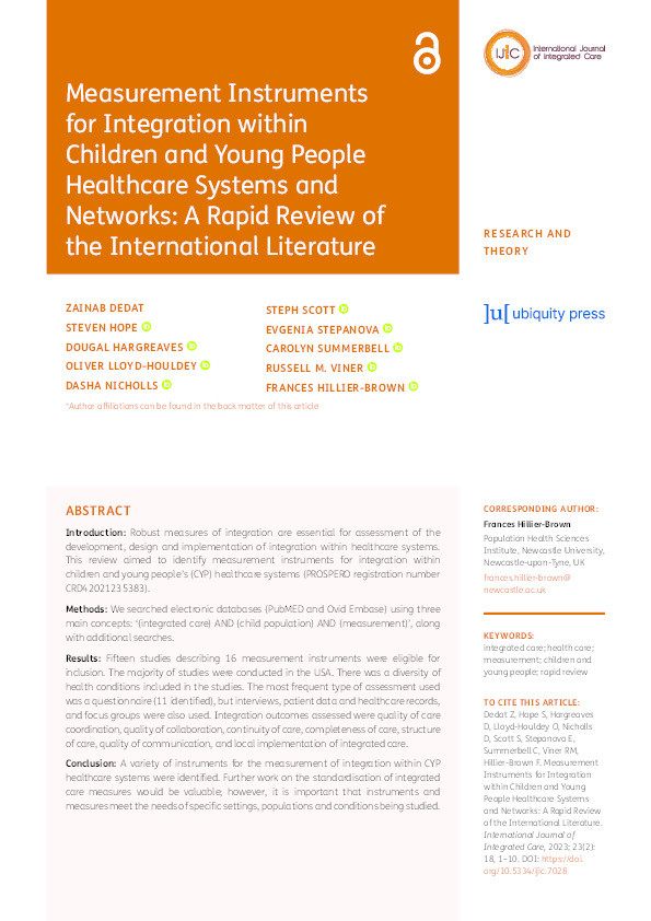 Measurement Instruments for Integration within Children and Young People Healthcare Systems and Networks: A Rapid Review of the International Literature Thumbnail