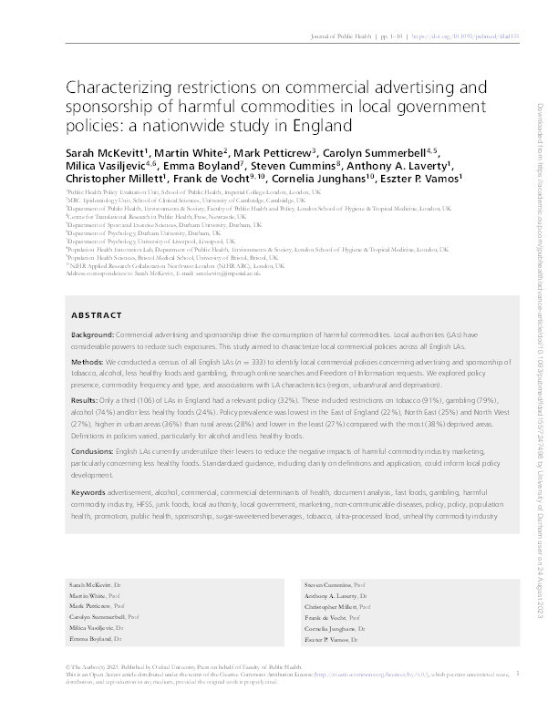 Characterising restrictions on commercial advertising and sponsorship of harmful commodities in local government policies: a nationwide study in England. Thumbnail
