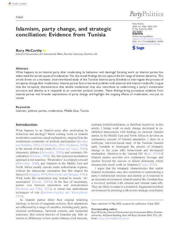 Islamism, party change, and strategic conciliation: Evidence from Tunisia Thumbnail