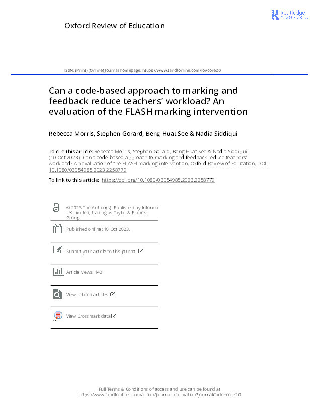 Can a code-based approach to marking and feedback reduce teachers’ workload? An evaluation of the FLASH marking intervention Thumbnail