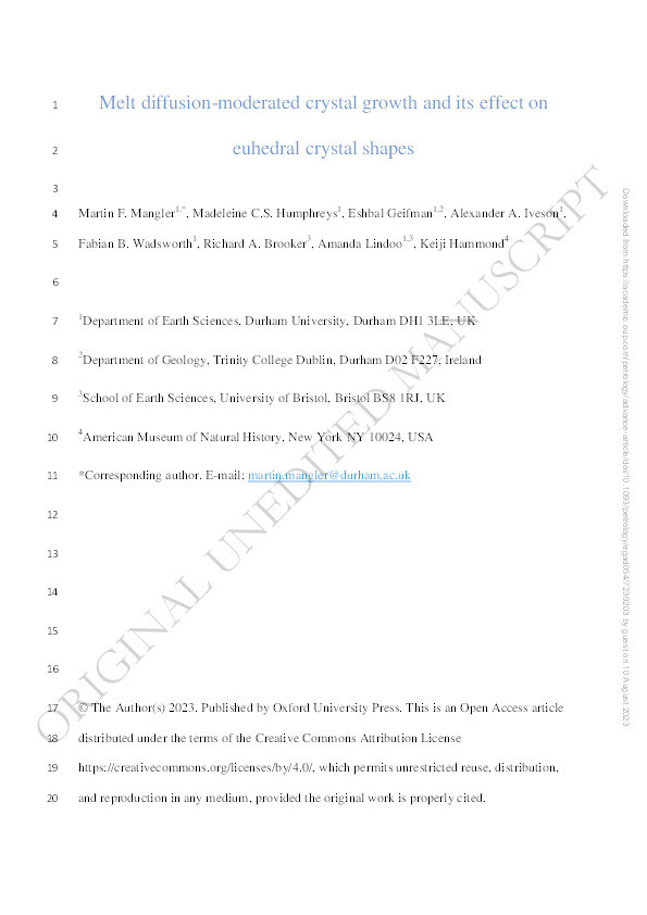 Melt diffusion-moderated crystal growth and its effect on euhedral crystal shapes Thumbnail