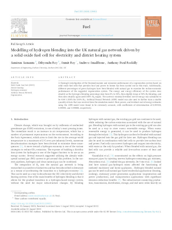 Modelling of hydrogen blending into the UK natural gas network driven by a solid oxide fuel cell for electricity and district heating system Thumbnail