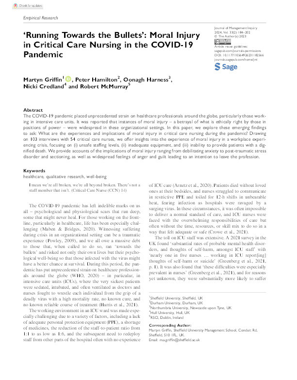 ‘Running Towards the Bullets’: Moral Injury in Critical Care Nursing in the COVID-19 Pandemic Thumbnail
