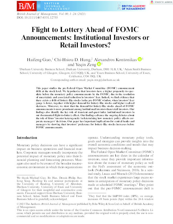 Flight to Lottery Ahead of FOMC Announcements: Institutional Investors or Retail Investors? Thumbnail
