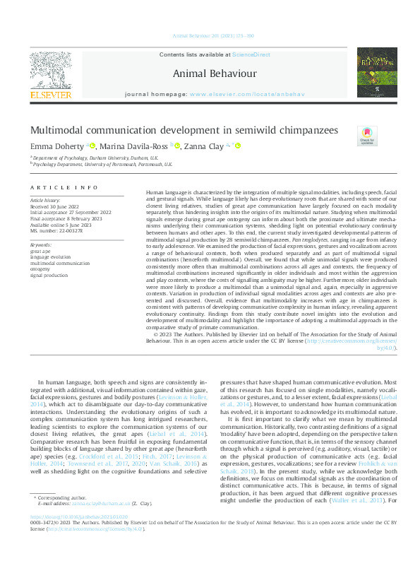 Multimodal communication development in semiwild chimpanzees Thumbnail