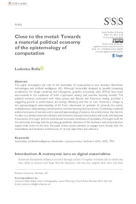 Close to the metal: Towards a material political economy of the epistemology of computation Thumbnail