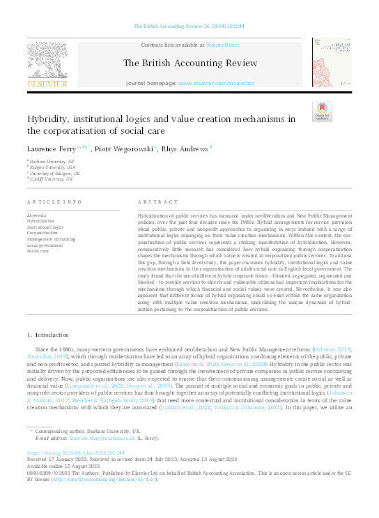 Hybridity, institutional logics and value creation mechanisms in the corporatisation of social care Thumbnail