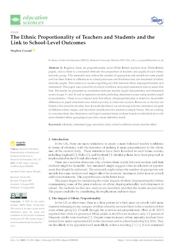 Ethnic proportionality of teachers and students, and the link to school-level outcomes Thumbnail