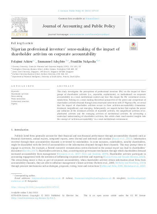 Nigerian professional investors' sense-making of the impact of shareholder activism on corporate accountability Thumbnail