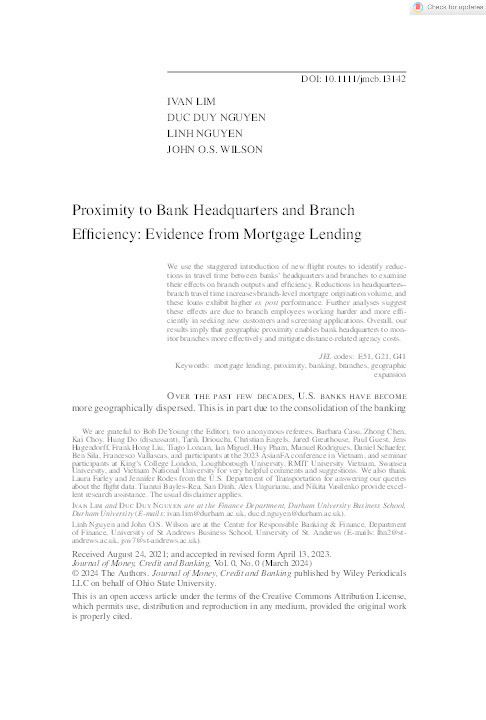 Proximity to Bank Headquarters and Branch Efficiency: Evidence from Mortgage Lending Thumbnail