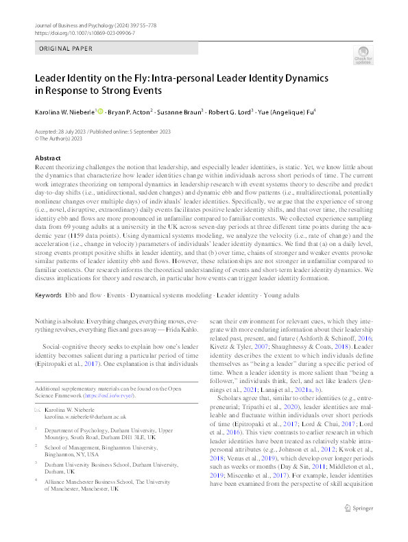 Leader Identity on the Fly: Intra-personal Leader Identity Dynamics in Response to Strong Events Thumbnail