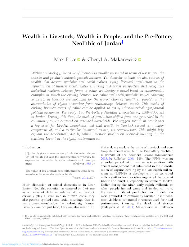 Wealth in Livestock, Wealth in People, and the Pre-Pottery Neolithic of Jordan Thumbnail