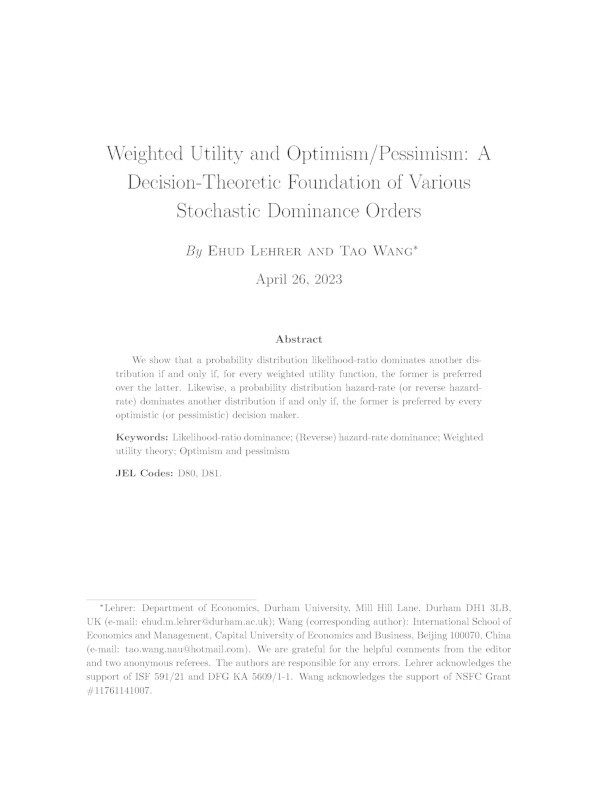 Weighted Utility and Optimism/Pessimism: A Decision-Theoretic Foundation of Various Stochastic Dominance Orders Thumbnail