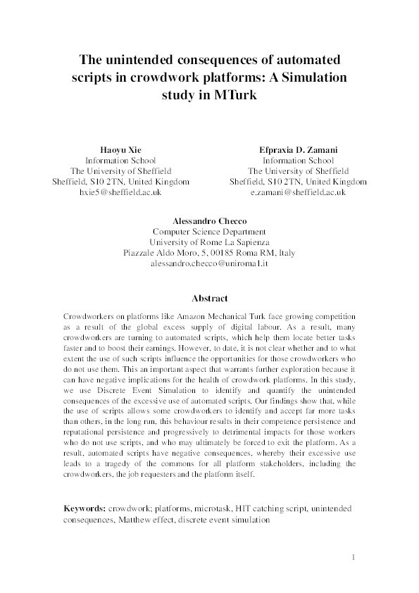 The Unintended Consequences of Automated Scripts in Crowdwork Platforms: A Simulation Study in MTurk Thumbnail