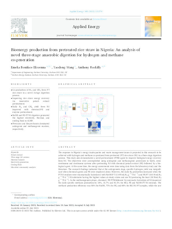 Bioenergy production from pretreated rice straw in Nigeria: An analysis of novel three-stage anaerobic digestion for hydrogen and methane co-generation Thumbnail