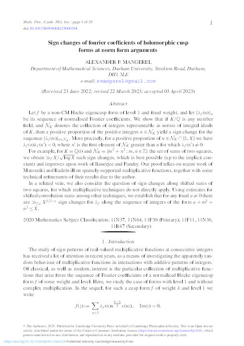 Sign changes of fourier coefficients of holomorphic cusp forms at norm form arguments Thumbnail