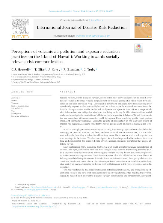 Perceptions of volcanic air pollution and exposure reduction practices on the Island of Hawai‘i: Working towards socially relevant risk communication Thumbnail
