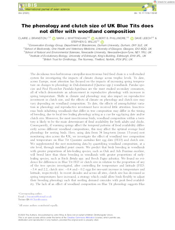 The phenology and clutch size of UK Blue Tits does not differ with woodland composition Thumbnail