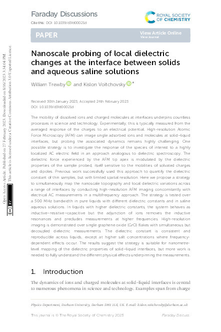 Nanoscale probing of local dielectric changes at the interface between solids and aqueous saline solutions Thumbnail
