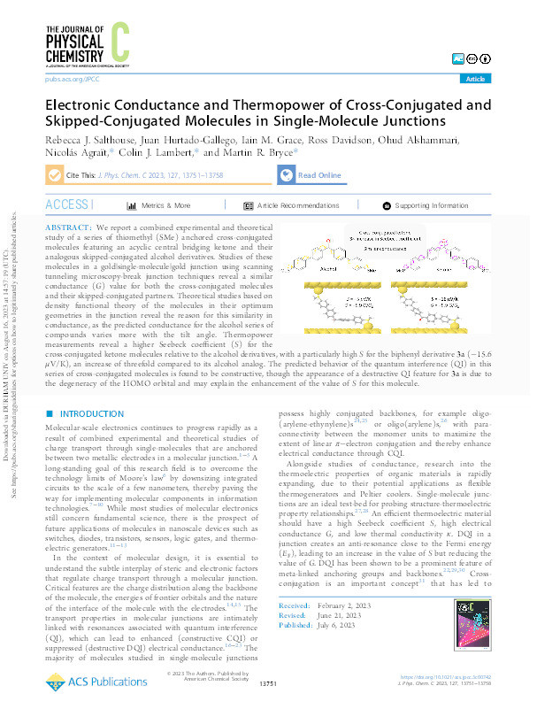 Electronic Conductance and Thermopower of Cross-Conjugated and Skipped-Conjugated Molecules in Single-Molecule Junctions Thumbnail